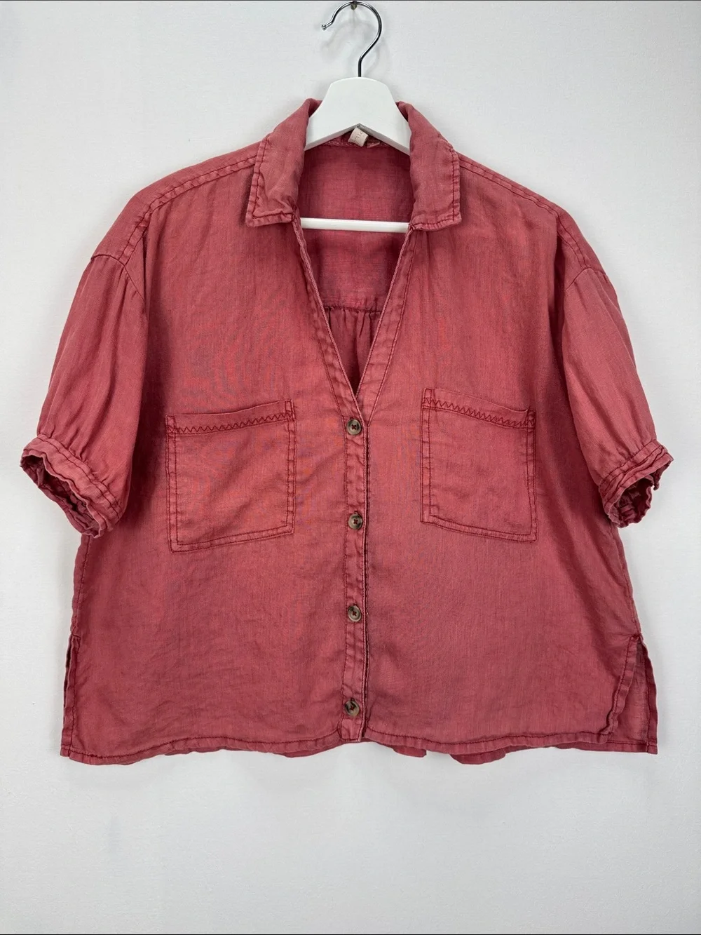 Pilcro Anthropologie Linen Button Front Puff Sleeve Blouse Dusty Rose Small